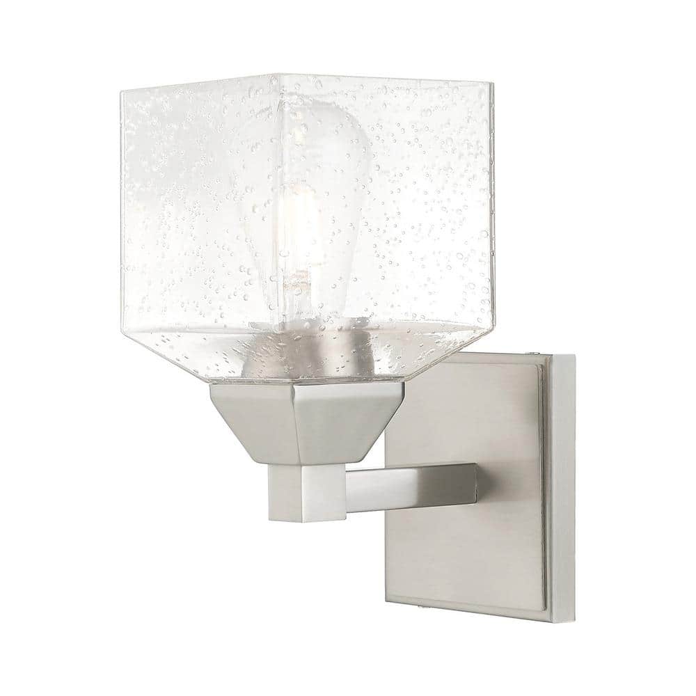 Brushed Nickel Dimmable Wall Sconce with Hand Blown Clear Seeded Glass