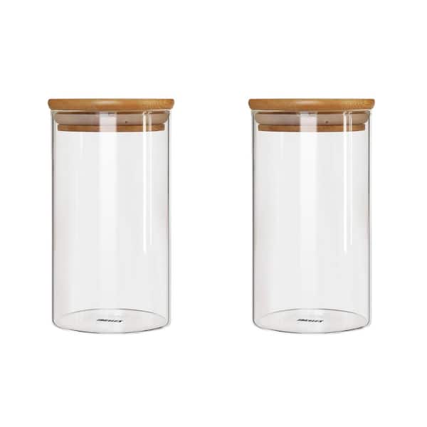 Anqtovp Glass Storage Jars with Airtight Seal Wooden Lid Stackable Kitchen Canisters for Candy, Coffee, Bean Set of 2