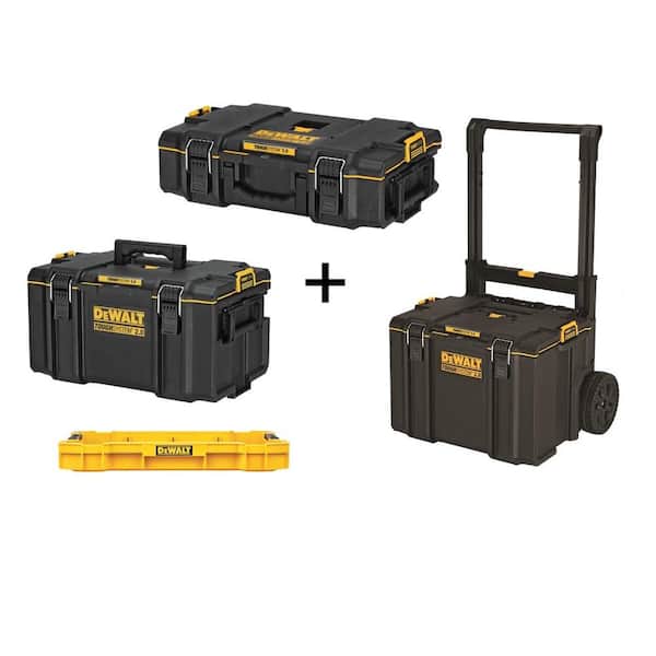DEWALT TOUGHSYSTEM 2.0 22 in. Small Tool Box, 22 in. Large Tool Box, 24 in. Mobile Tool Box, and Shallow Tool Tray