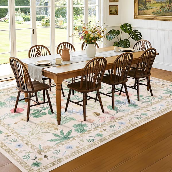 Beige 9 ft. X 12 ft. Modern Floral Washable Low Pile Non-Slip Indoor Carpet for Living Room Bedroom Dining Room Area Rug