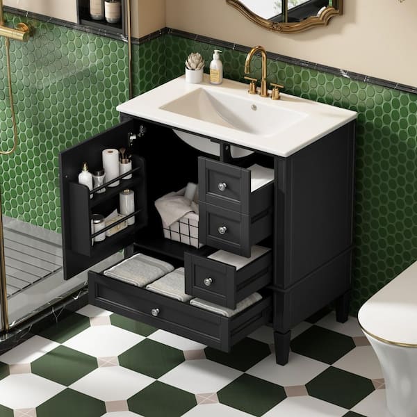 30 in. Single Sink Freestanding Black Bath Vanity with White Ceramic Top and 3 Drawers Storage Door Cabinet Unassembled