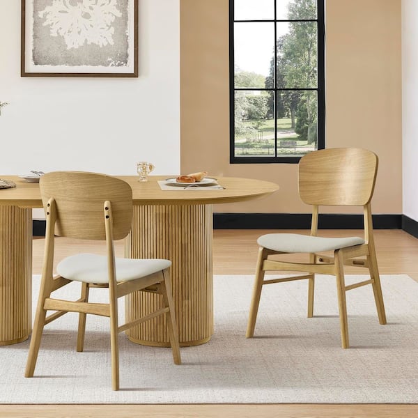 Anya Cream/Oak Fabric Modern Ergonomic Upholstered Dining Chairs with Contoured Low Back for Dinning Room (Set of 2)