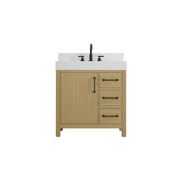 32 in. Single Sink Honey Brown Bath Vanity with White Engineered Marble Top and Backsplash