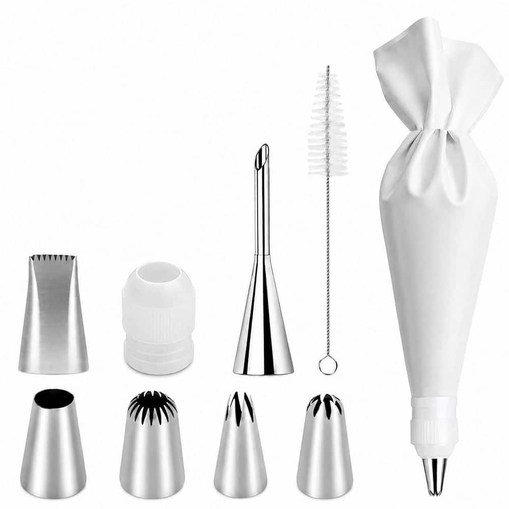 Reusable Stainless Steel and Silicone Pastry Tool Set with Couplers and Scrapers, 9-Piece Cake Decorating Kit