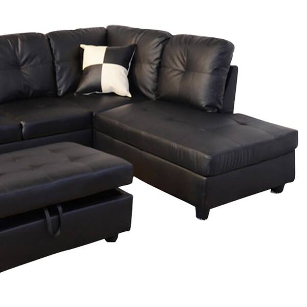 Star Home Living Black Faux Leather 3 Seater Right Facing Chaise Sectional Sofa With Storage Ottoman Sh091b The Depot Star Home Living Black Faux Leather 3, Chaise Sectional Sofa With Storage Ottoman
