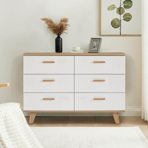 Noble House Torni Modern 6 drawer 47.24 in. Wide Dresser with Tapered Legs, White + Brown
