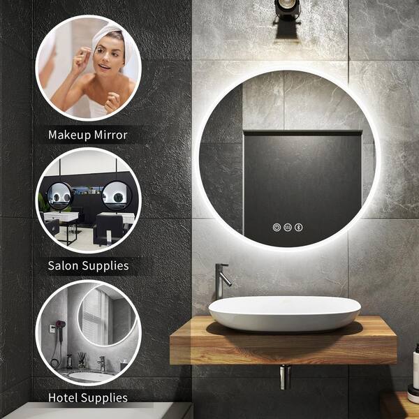 Fab Glass and Mirror Round Lighted LED Bathroom Mirror 28-in x 28