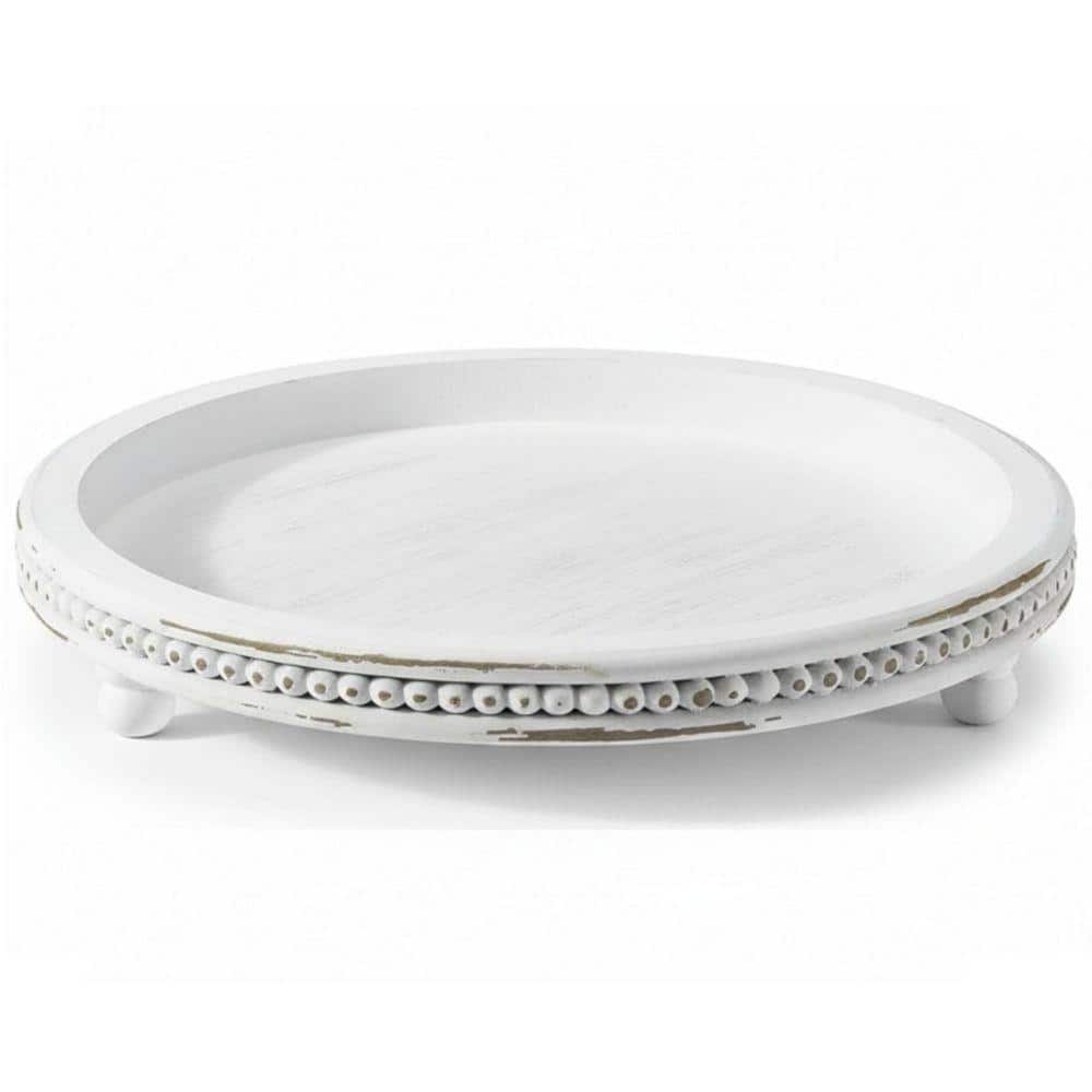 Weathered White 12 in. Round Beaded Wooden Decorative Tray for Home — free download