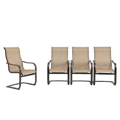 Charcoal Gray Cast Aluminum Sling Curved Chairs Armchair Outdoor Dining Chair in Light Brown (Set of 4)