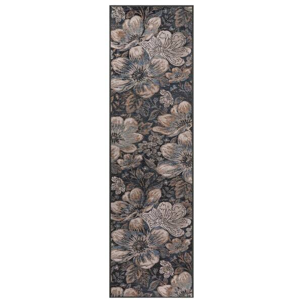 Botanical Bloom Coastal Machine Washable Polyester Non-Slip Backing 2 ft. x 10 ft. Blue Area Rug