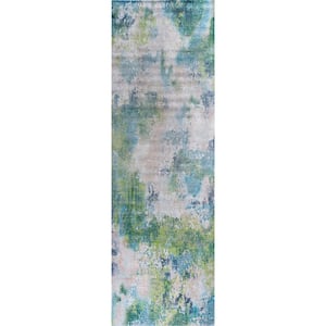 Ocean Abstract Teal 2 ft. x 7 ft. Non-Slip Rubber Back Indoor Area Rug