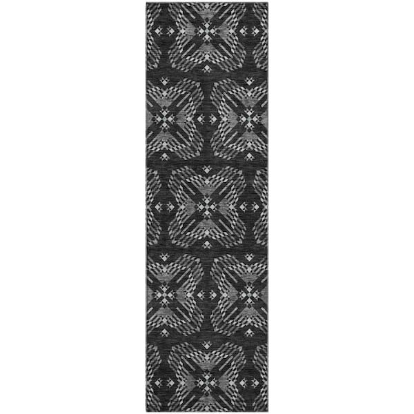 Mayfield Premium Machine Washable Abstract AMF2563 Black 2 ft. x 7 ft. Runner Rug