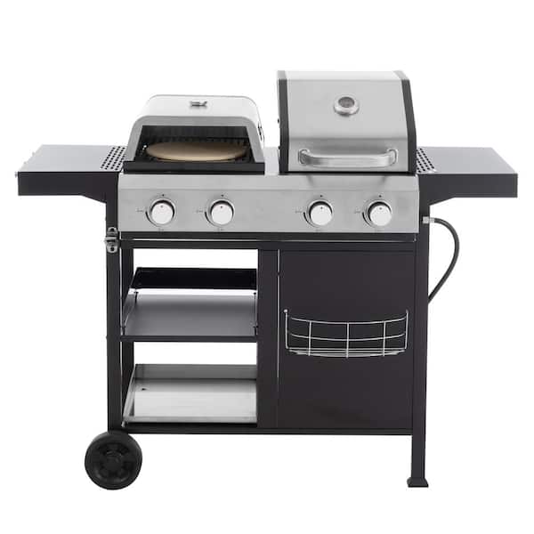 FIROMO 2-Plus 2-Burner Built-In Propane Gas Grill in Black and Silver and Pizza Oven Combo with Thermometer and Spice Rack