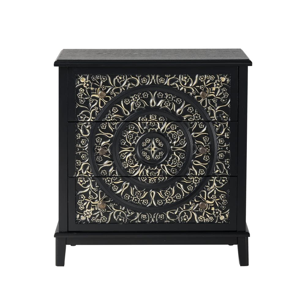 Black and Gold 3-Drawer Flower Motif Nightstand