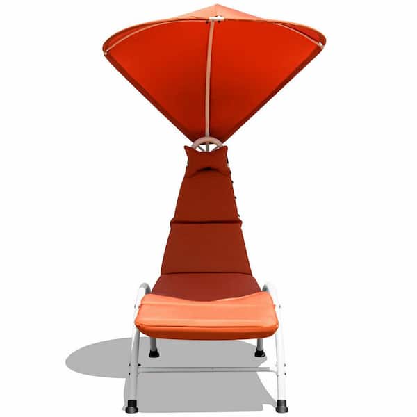 Gymax Fabirc Steel Frame Outdoor Patio Chair Chaise Lounge with Canopy Orange Cushion