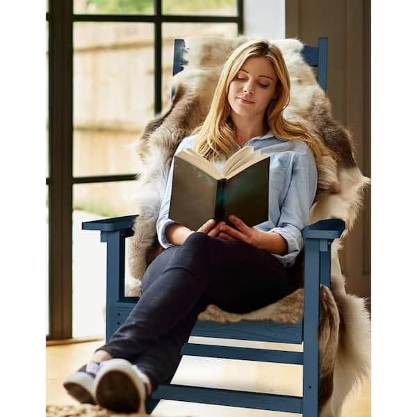 Navy Plastic Patio Outdoor Rocking Chair, Fire Pit Adirondack Rocker Chair with High Backrest