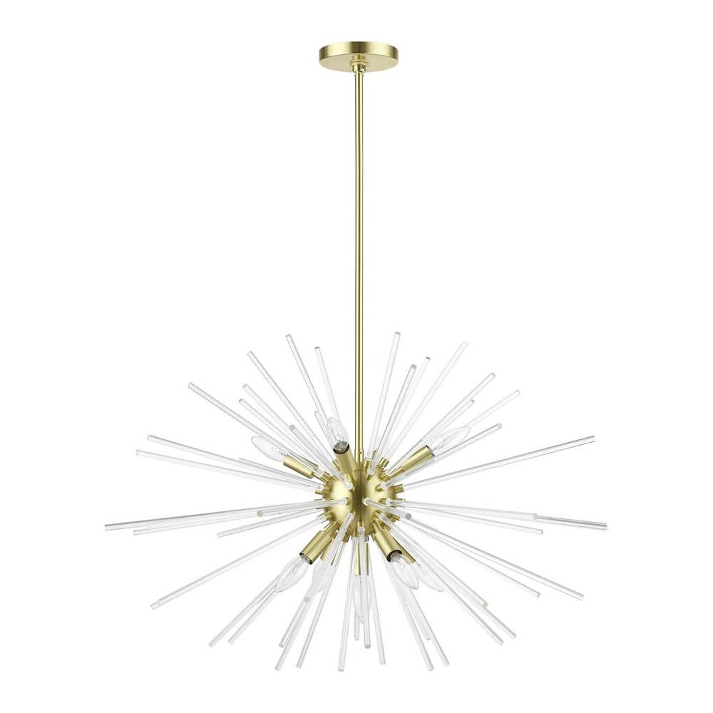 Elegant Spheroid 9-Light Pendant Chandelier with Satin Brass Finish and Clear Glass Rods