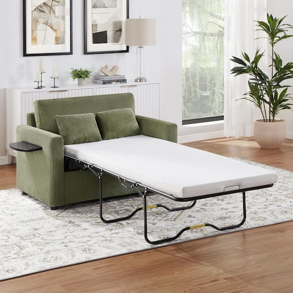 47.2 in Green Corduroy Fabric Twin Size Sofa Bed with Memory Mattress, Foldable Side Table, Side Pocket, 2 USB Ports