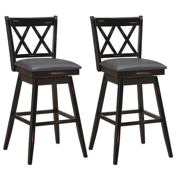 Gymax Set of 2 42.5 in. Barstools Swivel Bar Height Chairs with Rubber Wood Legs Black