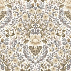Into The Wild Beige Metallic Floral Damask Non-Pasted Non-Woven Paper Wallpaper Roll