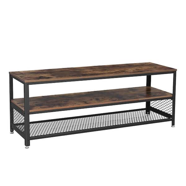 Benjara 55.1 in. Brown and Black Wood TV Stand Fits TVs up to 45 in. with Mesh Shelf