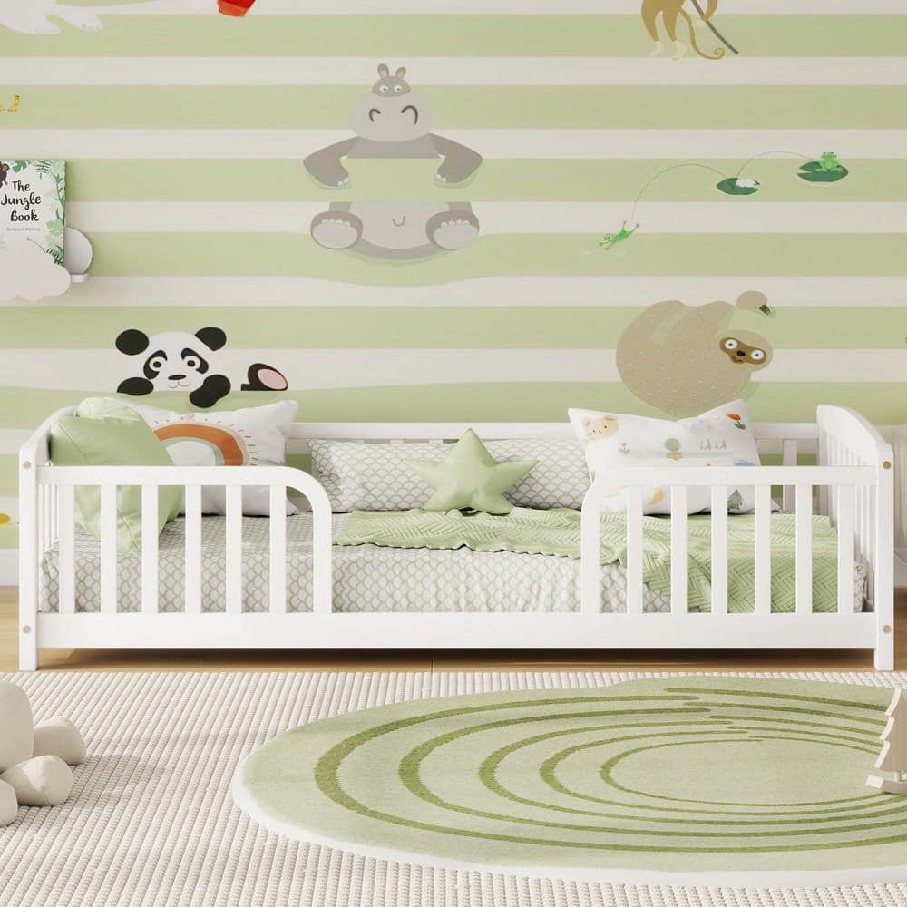 Yurem White Wood Frame Twin Size Floor Platform Bed with Central Entrance and Guardrails price history on PriceWatchPro