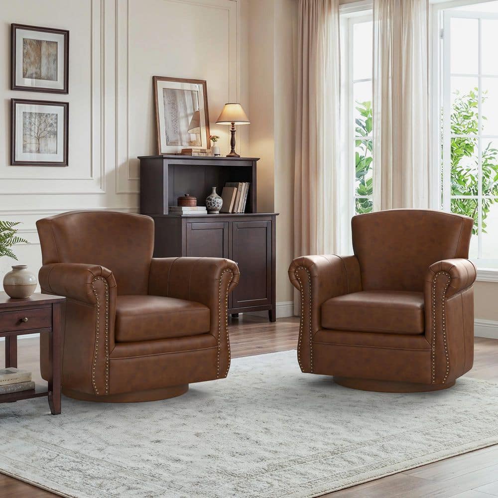 OrangeOne Oubo Dark Brown Leather Swivel Arm Chair Curved Highback