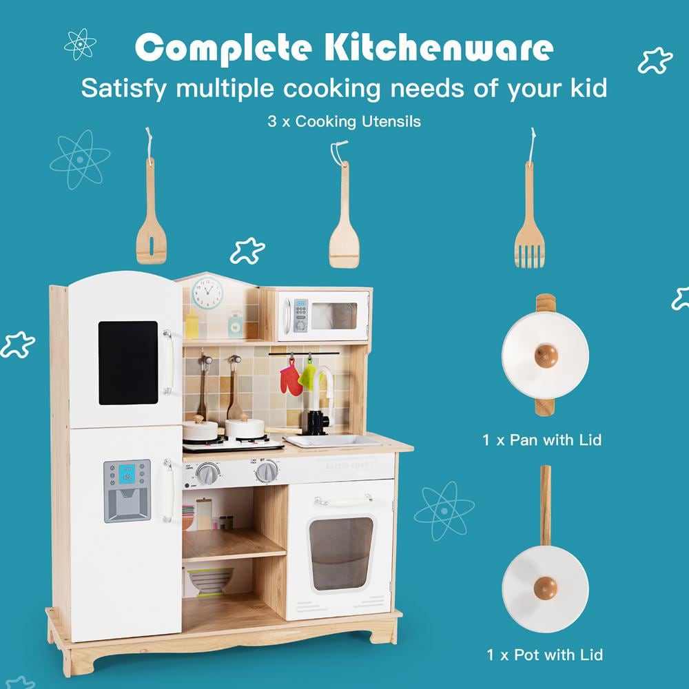 White and Natural Wooden Kids Pretend Kitchen Playset with Utensils and Sound