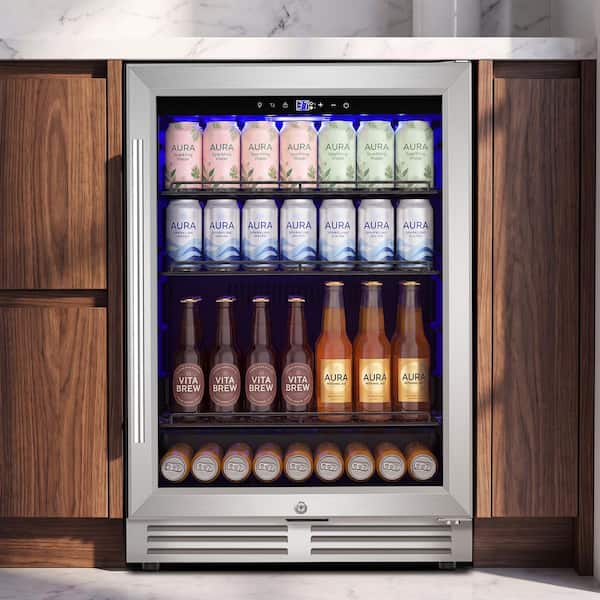 23.4 in. Single Zone 220 Plus Cans Beverage Cooler Built-in Refrigerator with 2-Door Handles in Silver Stainless Steel