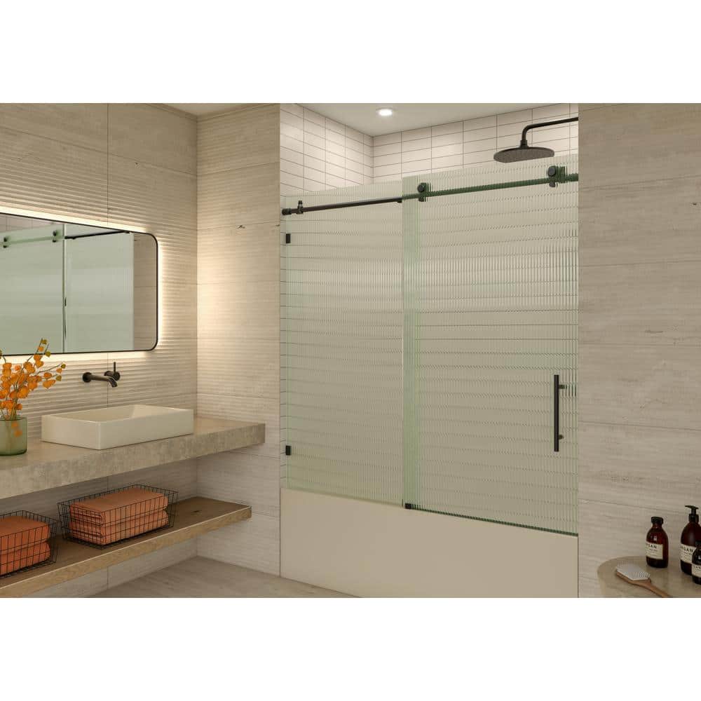 Galaxy 60" Matte Black Frameless Fluted Glass Sliding Bathtub Door