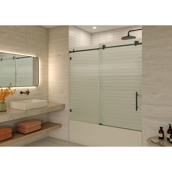 Glass Warehouse Galaxy 56 in. To 60 in. W x 60 in. H Frameless Sliding Bathtub Door in Matte Black with Fluted Glass
