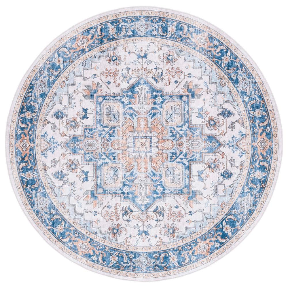 SAFAVIEH Arizona Blue/Beige 6 ft. x 6 ft. Distressed Border Ornate Machine Washable Round Area