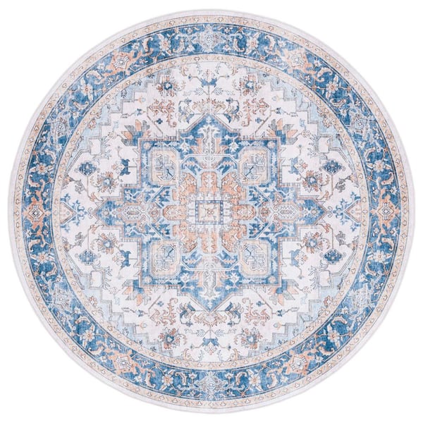 SAFAVIEH Arizona Blue/Beige 6 ft. x 6 ft. Distressed Border Ornate Machine Washable Round Area Rug