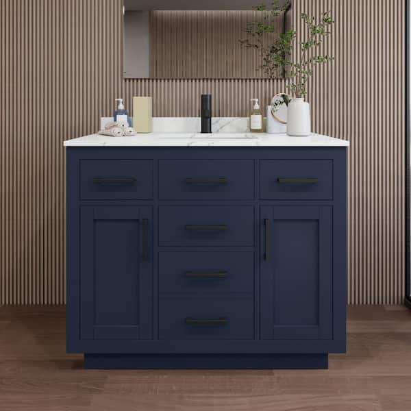 Wyndham Collection Beckett TK 42 in. W x 22 in. D x 35 in. H Single Bath Vanity in Dark Blue with Giotto Quartz Top