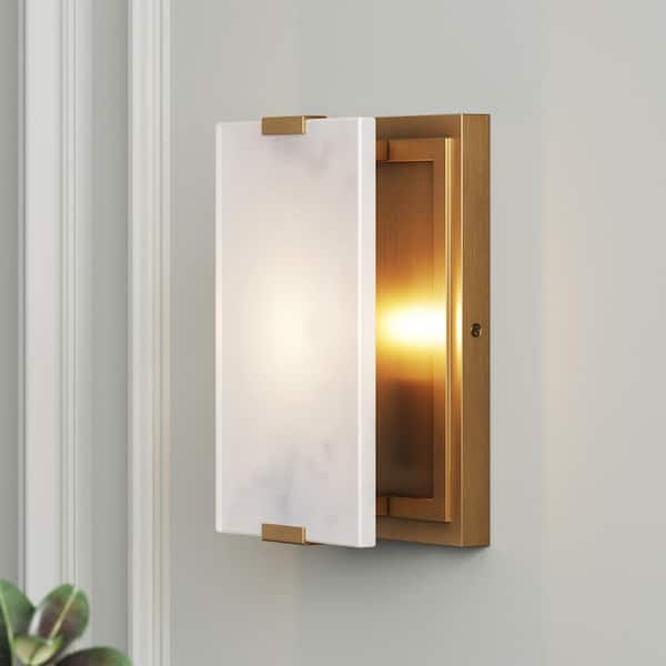 Nathan James Ezra 6 in. W 1-Light Vintaged Brass Wall Sconce with Marble Shade, Minimalist Wall Light for Bedroom or Living Room
