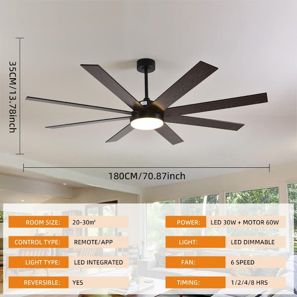 72 in. Indoor Black Walnut Low Profile Standard Downrod Mount Ceiling Fan with Dimmable Integrated LED and Remote