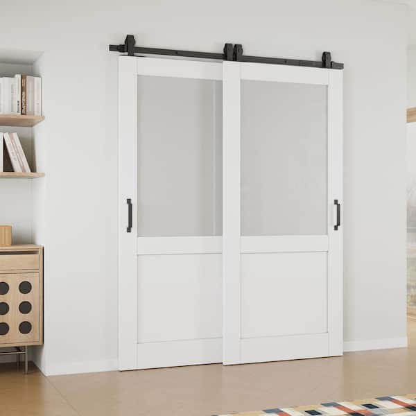 64 in. x 80 in. (Double 36 in. ) 1/2-Lite Frosted Glass White Primed MDF Sliding Barn Door with Hardware Kit Bypass