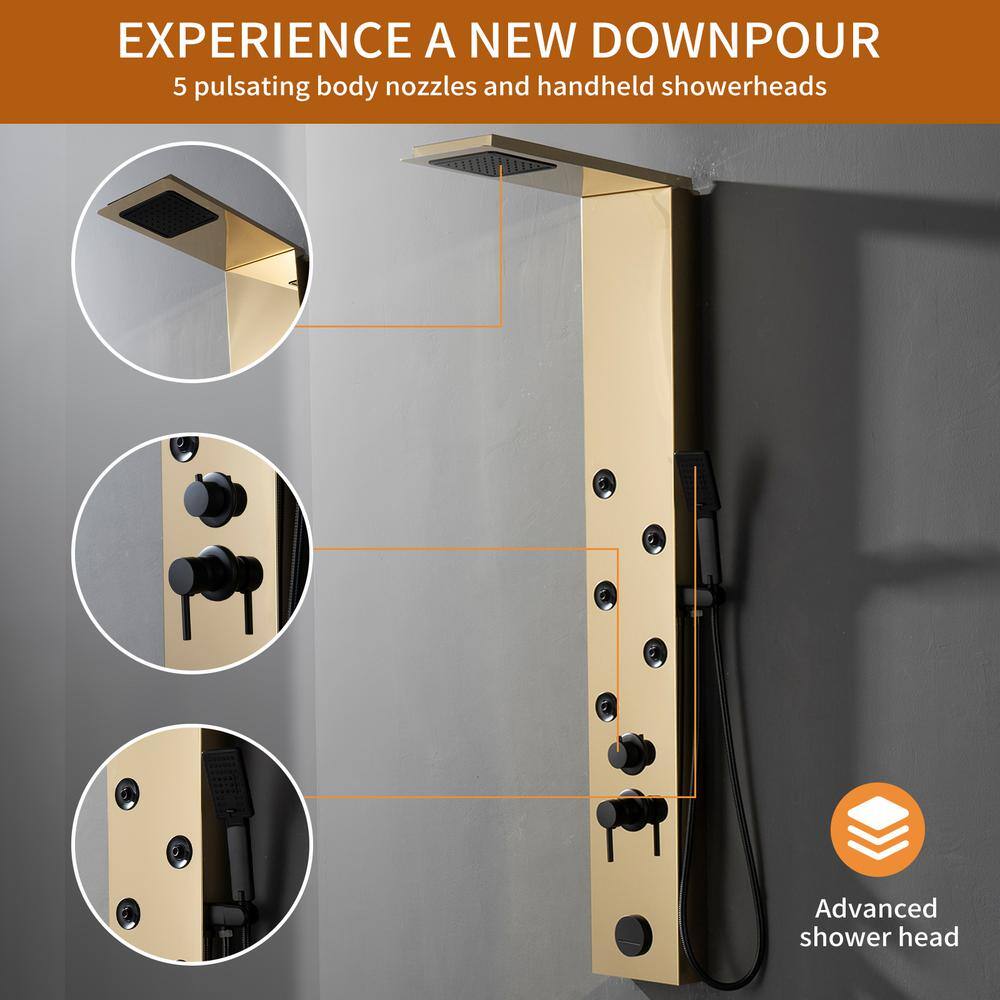 Gold Brushed 4-Jet Rainfall Shower Panel System with Handheld Wand