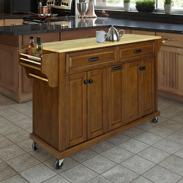 WarmieHomy Kitchen Cart Natural Wood Top Kitchen Island with Storage, Adjustable Shelves, Mahogany