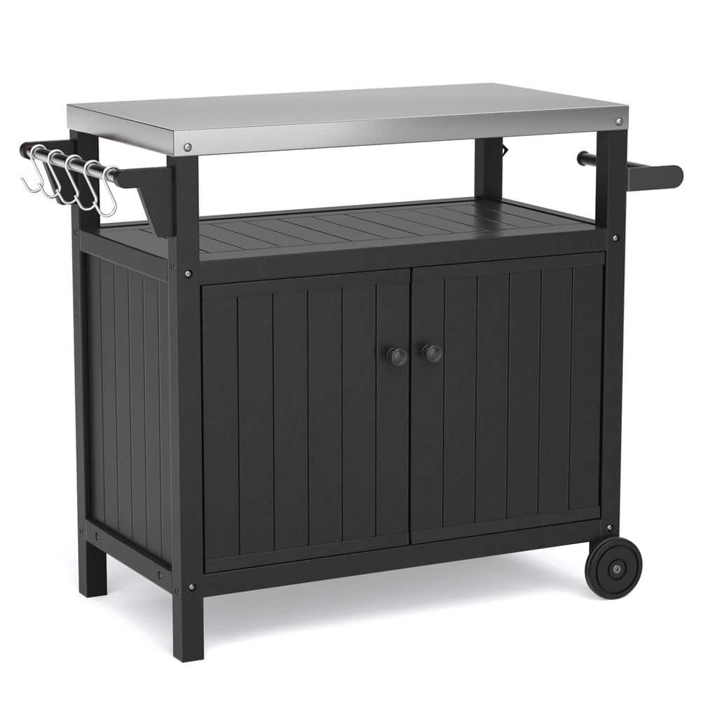 Black Outdoor Grilling Table with Storage Cabinet Wheels Stainless Steel Co