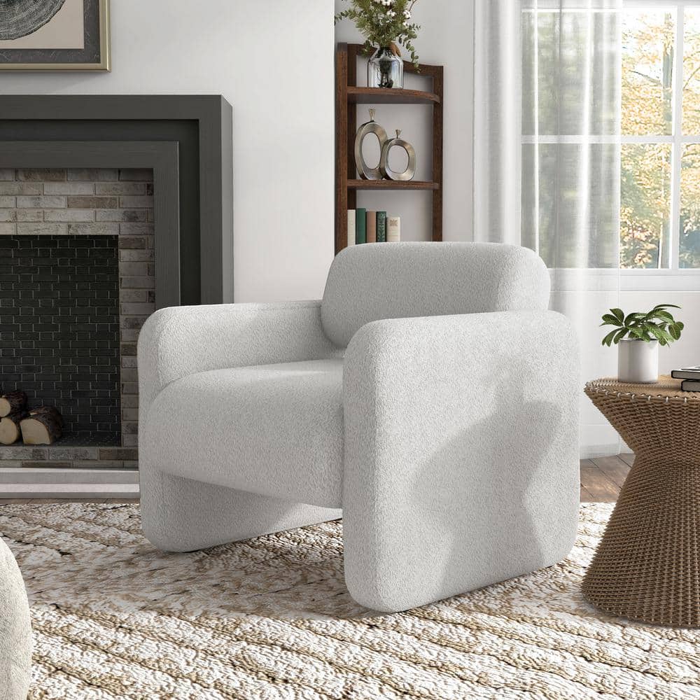 White Boucle Upholstered Barrel Accent Chair with Wood Frame