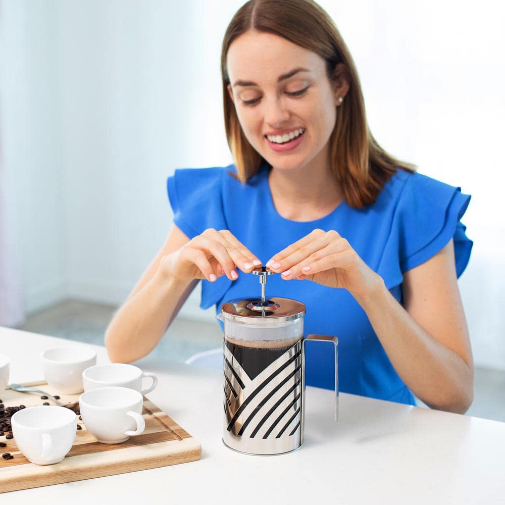 Nickel Brushed Stainless Steel French Press Coffee Maker with Measuring Spoon