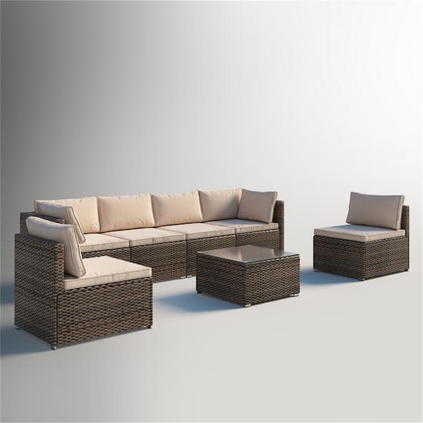 Runesay 7-Piece All Weather Wicker 6-Seat Outdoor Sectional Sofa Set Patio Furniture Set and Coffee Table with Beige Cushion