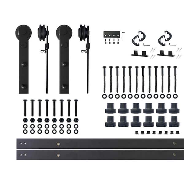 HOMACER 15 ft./180 in. Black Rustic Non-Bypass Sliding Barn Door Hardware Kit Straight Design Roller for Double Doors