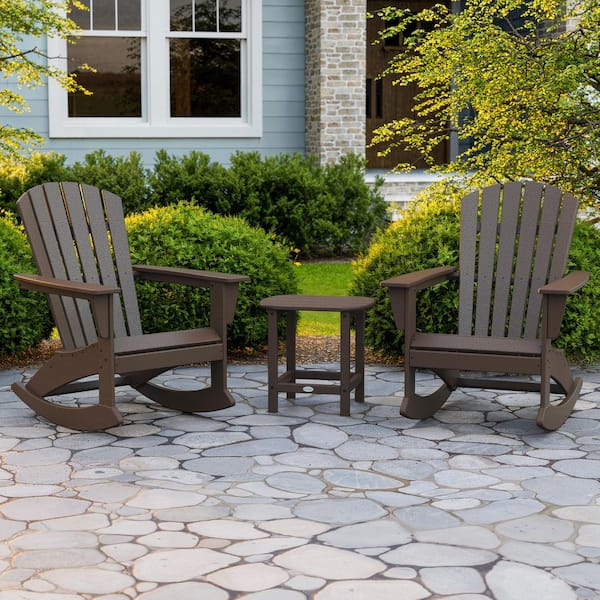 POLYWOOD Grant Park Mahogany 3-Piece HDPE Plastic Adirondack Outdoor Rocking Chair Patio Conversation Set