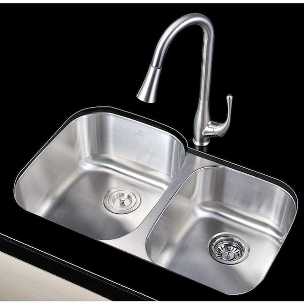 MOORE Series Undermount Stainless Steel 32 in. 0-Hole Double Bowl Kitchen Sink