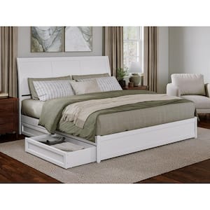 Andorra White Solid Wood Frame King Platform Bed with Panel Footboard and Storage-Drawers