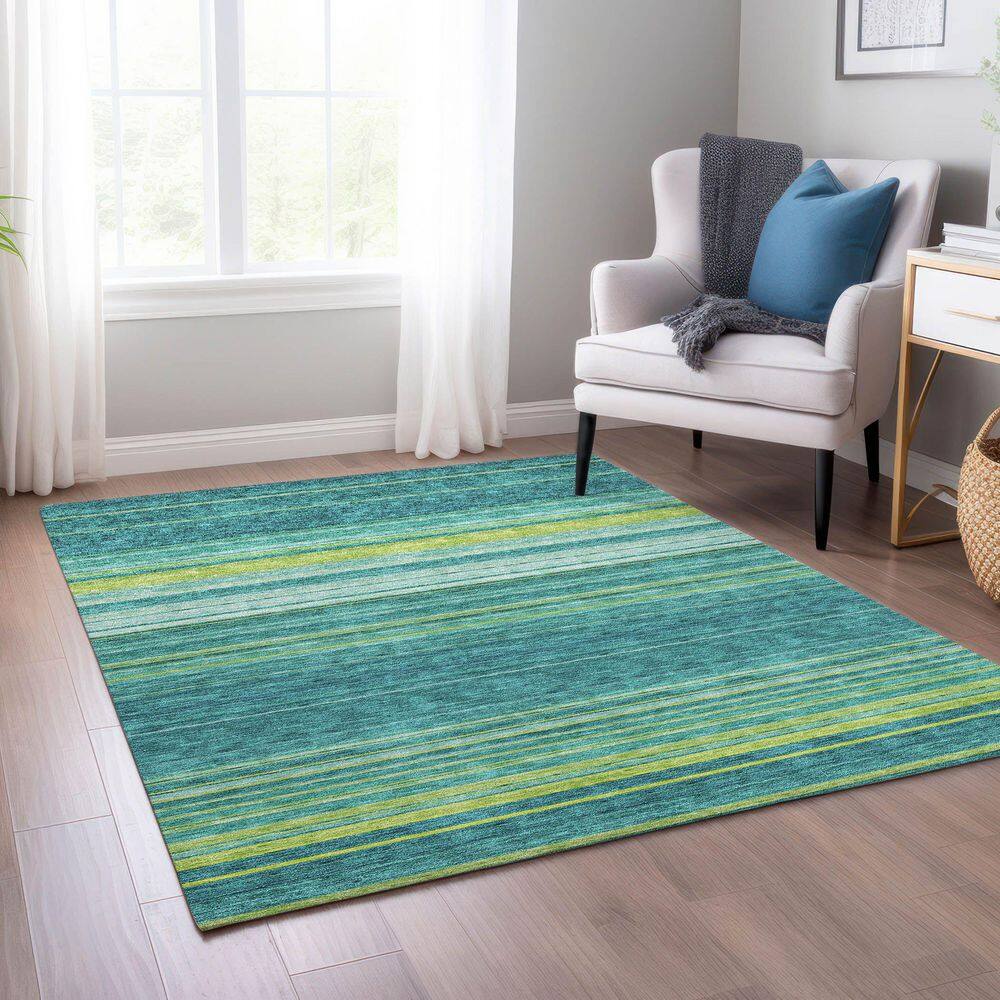 Teal Striped Machine Washable Indoor/Outdoor Rug 3' x 5'