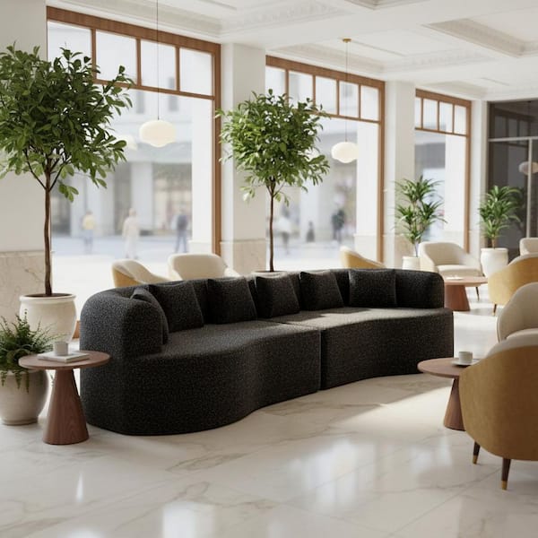 DSML 106.3 in. Round Arm 1-Piece Chenille Curved Deep Seat Sectional Sofa with 6 Pillows, in Onyx Black