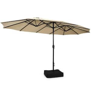 15 ft. Double-Sided Twin Market Patio Umbrella in Beige with Crank and Base